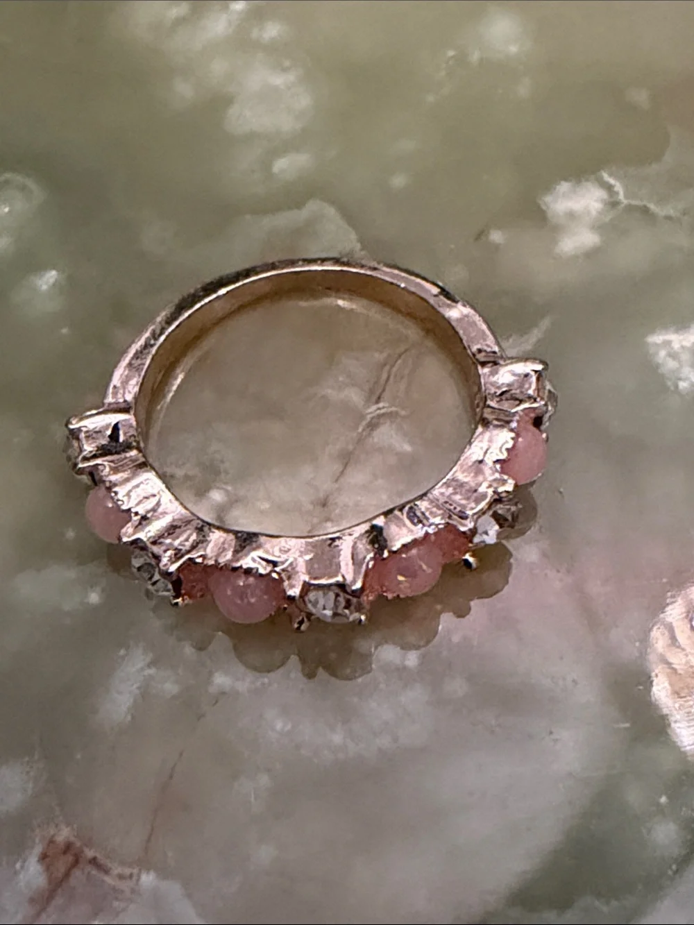 Pink Stone & Crystal Ring in Rose Gold Tone Setting - Size 5.5 US